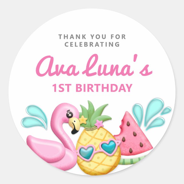 Summer Beach Girl Birthday Favour Round Stickers (Front)