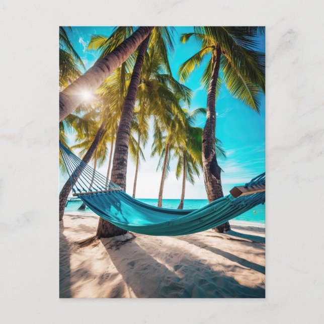 Summer Beach Hammock Ocean Vacation Palm Trees Postcard (Front)