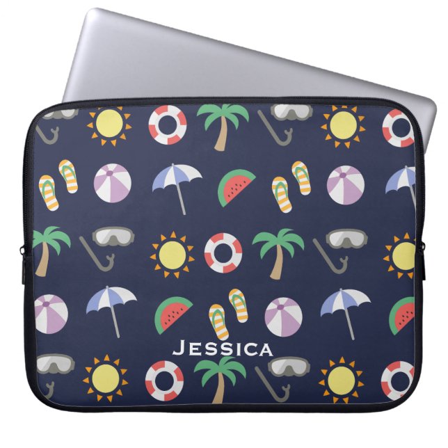 Summer Beach Holiday Blue Pattern Personalised Laptop Sleeve (Front)