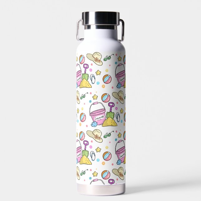 Summer Beach Holiday Doodles Pattern Water Bottle (Front)