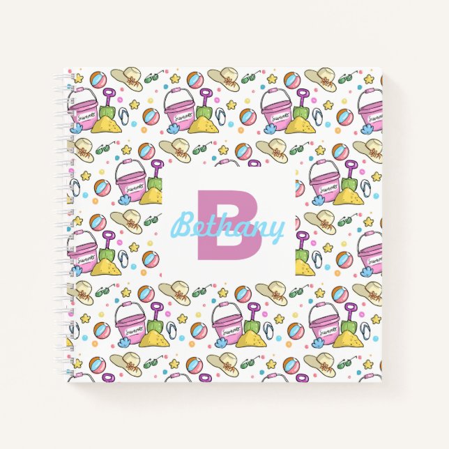Summer Beach Holiday Doodles Personalised Holiday Notebook (Front)