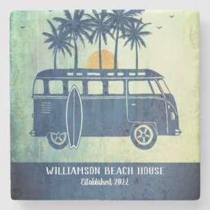 Summer Beach House Retro Surf Van Monogrammed Stone Coaster