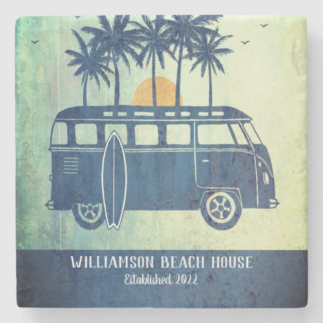 Summer Beach House Retro Surf Van Monogrammed Stone Coaster (Front)