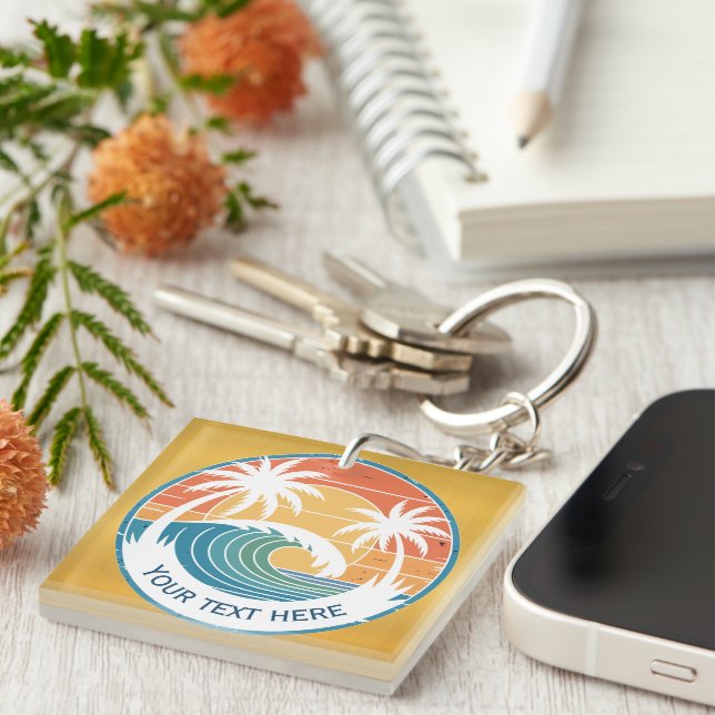 Summer Beach I Retro Sunset Surf and Palm Trees Key Ring (Front Right)