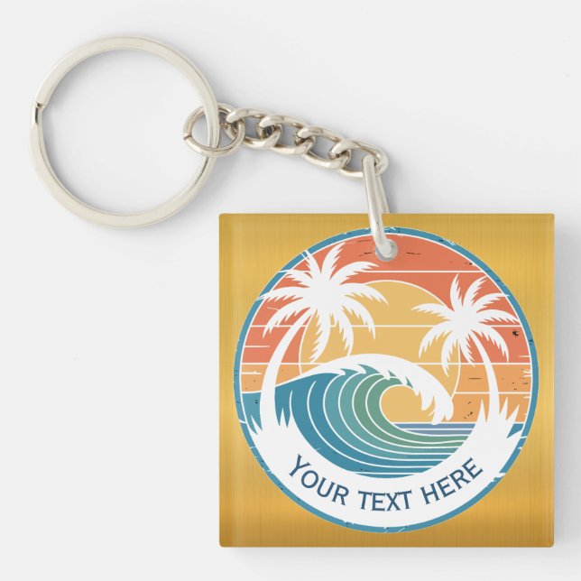Summer Beach I Retro Sunset Surf and Palm Trees Key Ring (Front)