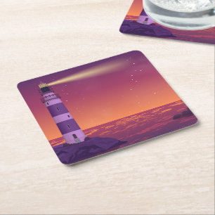 Summer Beach Lighthouse Nautical Wedding Square Paper Coaster