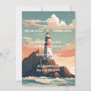 summer beach Lighthouse watercolor wedding Invitat Invitation