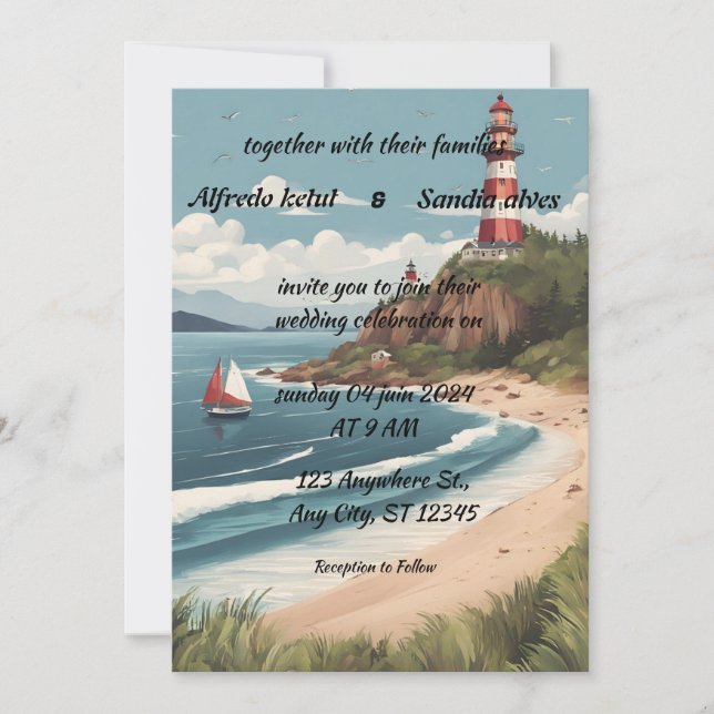 summer beach Lighthouse watercolor wedding Invitat Invitation (Front)