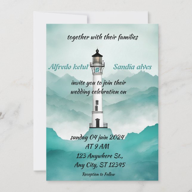 summer beach Lighthouse watercolor wedding Invitation (Front)