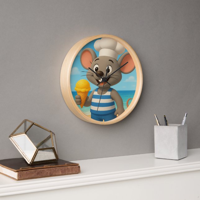 Summer Beach Mouse Wall Clock | Cute Cartoon Ice C (Office)