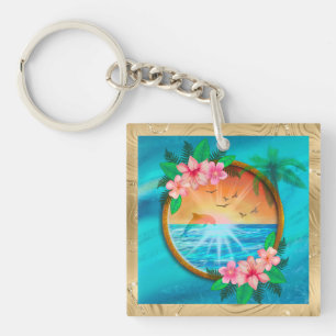 Summer Beach Ocean birds fly in sky and worm sunny Key Ring