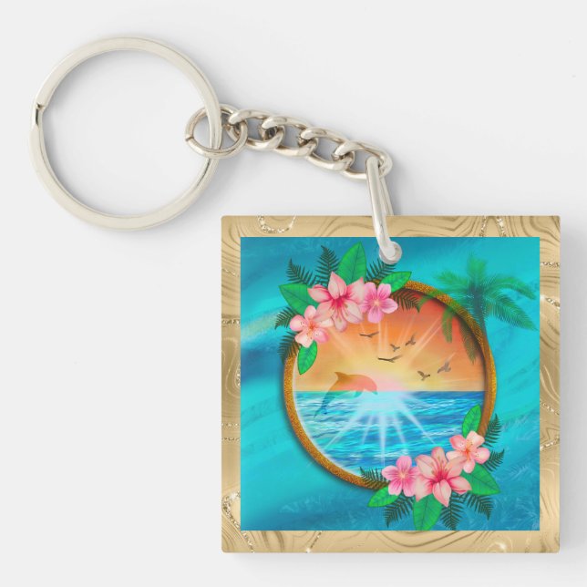 Summer Beach Ocean birds fly in sky and worm sunny Key Ring (Front)