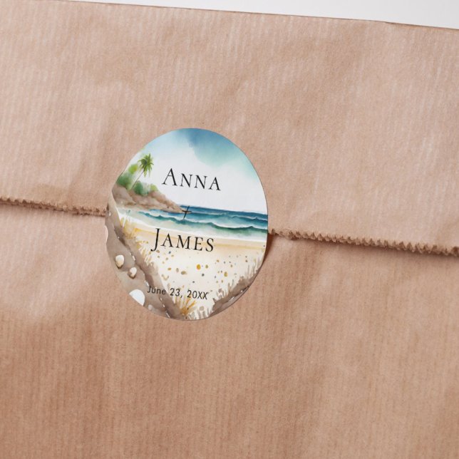 Summer Beach Ocean Tropical Destination Wedding  Classic Round Sticker (Creator Uploaded)