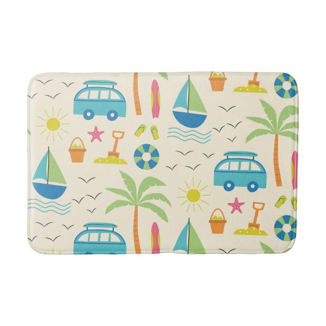 Summer Beach Palm Trees, Boats and Sun  Bath Mat (Front)