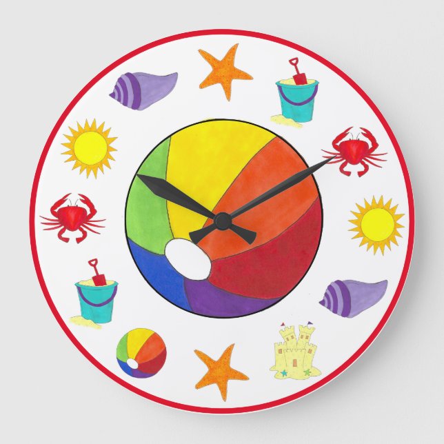 Summer Beach Party Sandcastle Starfish Beachball Large Clock (Front)