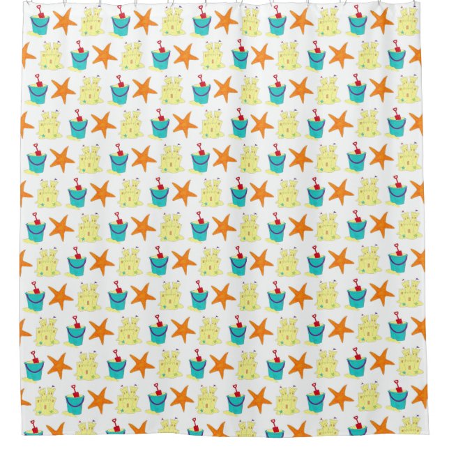 Summer Beach Party Sandcastle Starfish Pail Shovel Shower Curtain (Front)