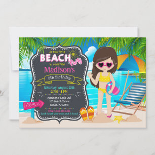 Summer Beach Party Tropical Girl Birthday Invitation
