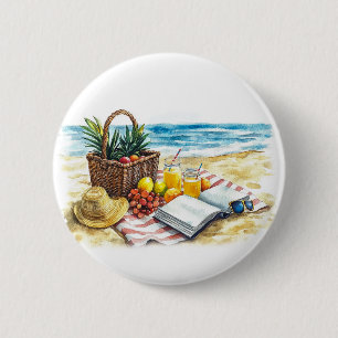 Summer Beach Picnic Watercolor Illustration – Vibr 6 Cm Round Badge