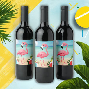Summer Beach Pink Flamingo Baby Shower Wine Label