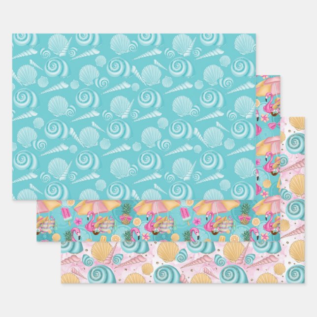 Summer Beach Pink Teal Yellow Seashells Flamingos  Wrapping Paper Sheet (Set)