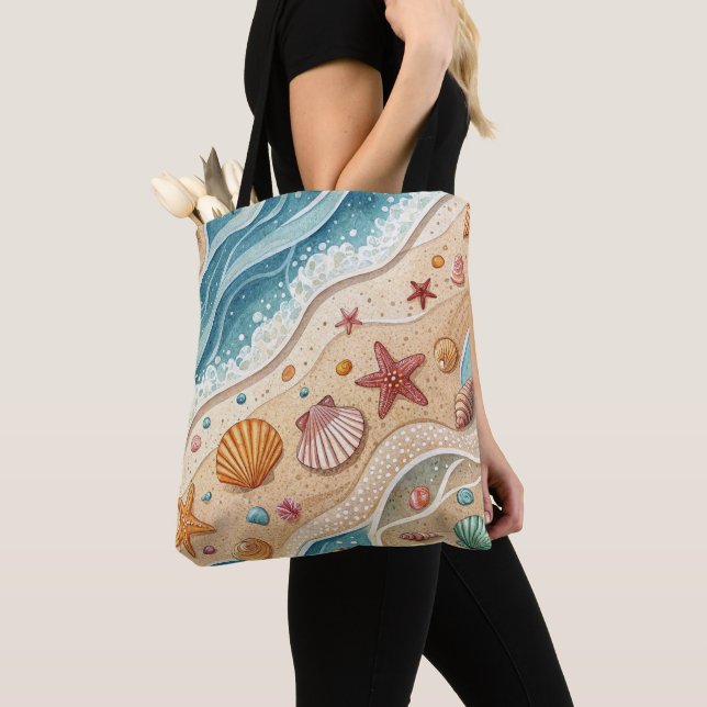 SUMMER BEACH SCENE WITH SEASHELLS TOTE BAG (Close Up)