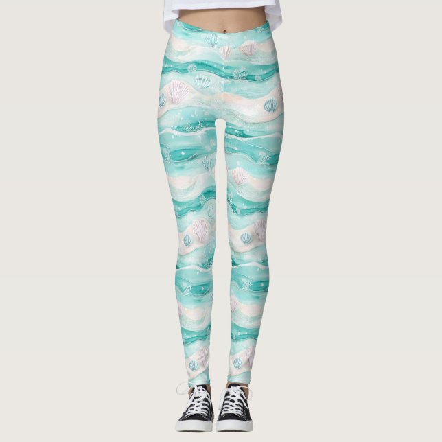 Summer Beach Seashell Pattern Leggings (Front)