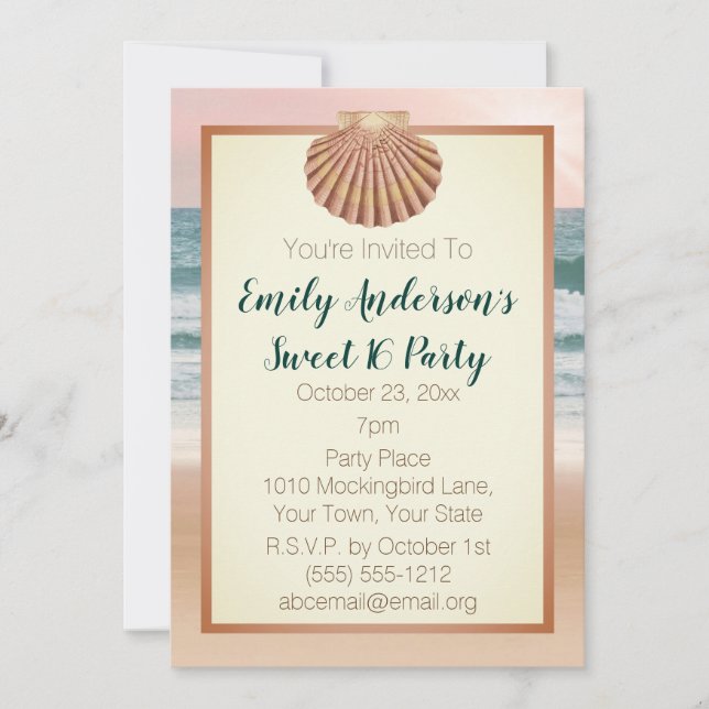 Summer Beach Seashell Pink Sunset Sweet 16 Invitation (Front)