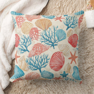 Summer Beach Seashell Starfish Blue Red Pattern Cushion