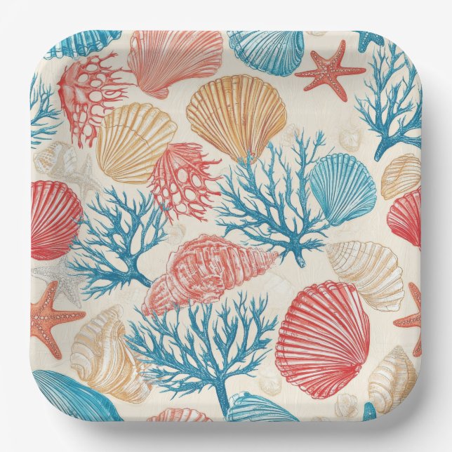 Summer Beach Seashell Starfish Blue Red Pattern Paper Plate (Front)