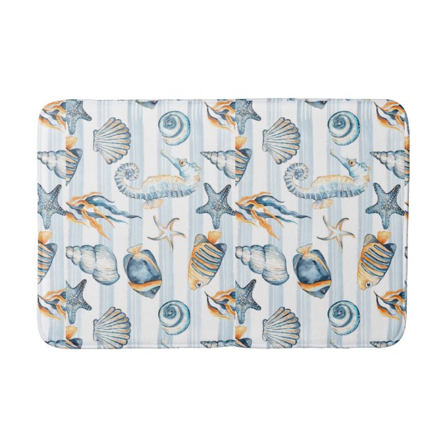 Summer Beach Seashell  Watercolor Blue White Bath Mat (Front)