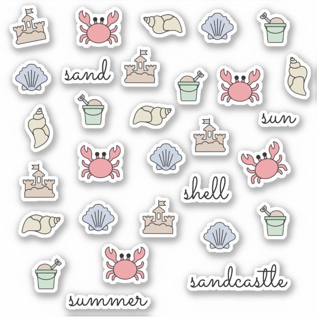 Summer Beach Shell Crab Sandcastle Pail Words (Front)