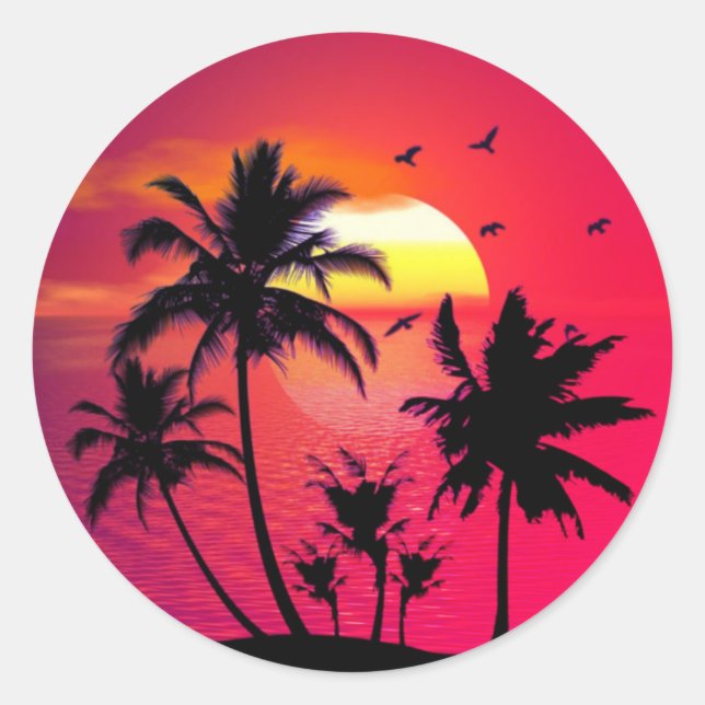 Summer Beach Sunset Palm Birds illustration Classic Round Sticker (Front)