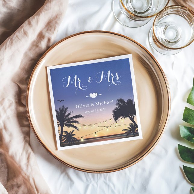Summer Beach Sunset Palm Tree Mr and Mrs Wedding Napkin (Creator Uploaded)