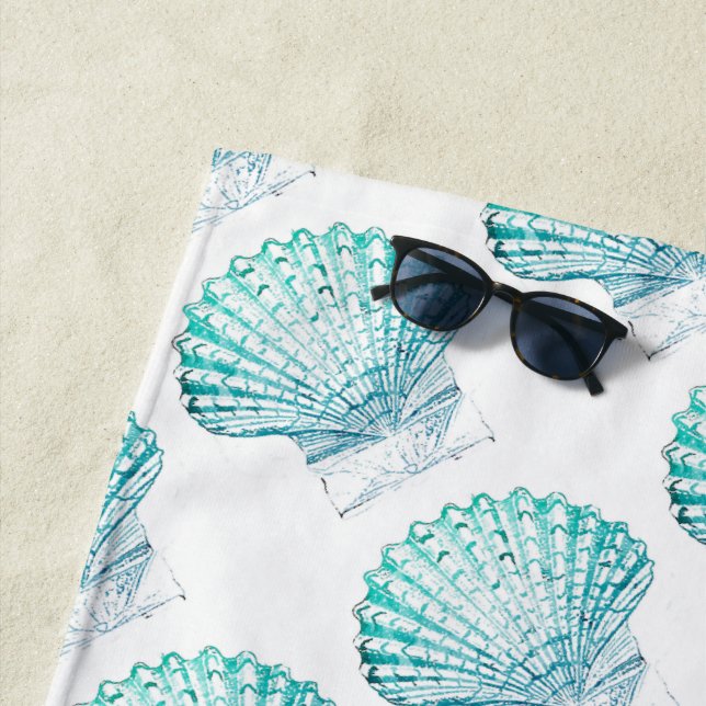 summer beach teal blue watercolor mermaid seashell beach towel (In Situ)