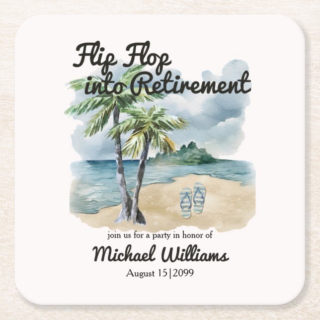 Summer Beach Themed Flip Flop Retirement Party Square Paper Coaster (Front)