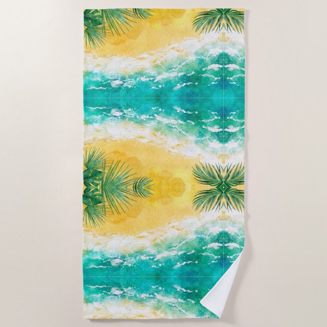 Summer Beach Towel (A vibrant beach towel featuring a tropical design with turquoise waves and golden sand.  )