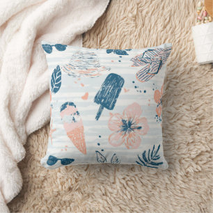 Summer Beach Tropical Blue Coral Striped  Cushion