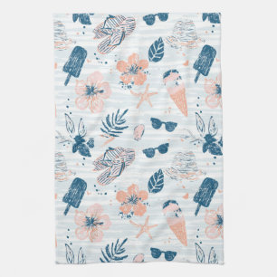Summer Beach Tropical Blue Coral Striped Tea Towel