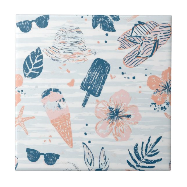 Summer Beach Tropical Blue Coral Striped  Tile (Front)