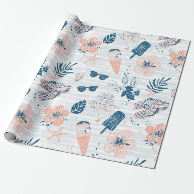 Summer Beach Tropical Blue Coral Striped  Wrapping Paper (Unrolled)