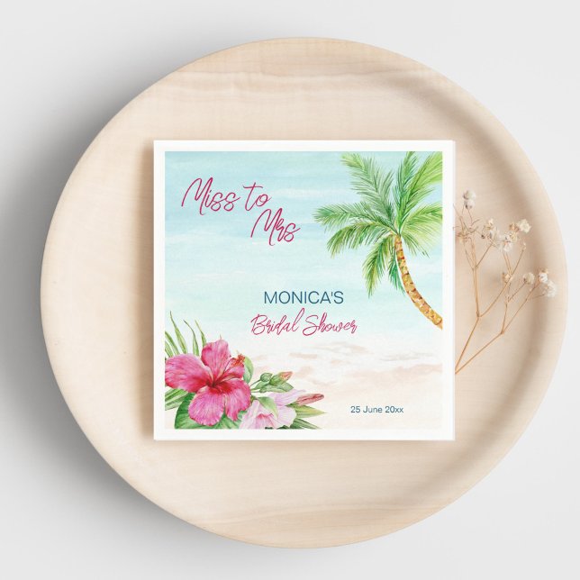 Summer beach tropical bridal shower printed napkin (Summer beach tropical bridal shower printed napkins personalized tableware pink hibiscus palm tree)