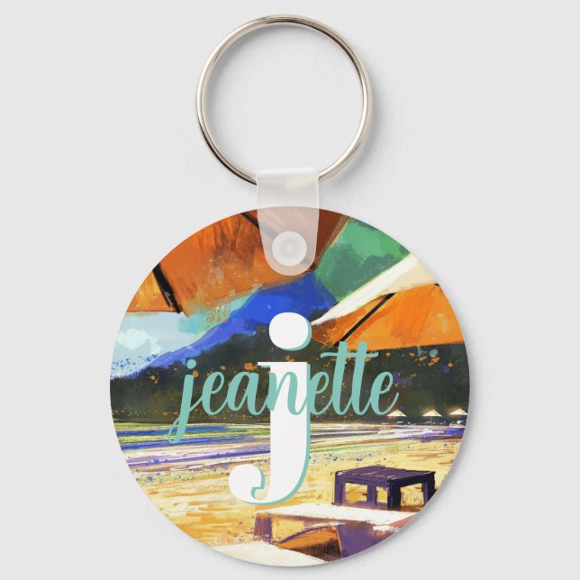 Summer Beach Umbrellas Name Monogram Key Ring (Front)