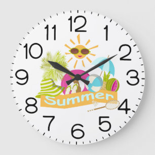 Summer beach vacation smiling sun in sunglasses  large clock