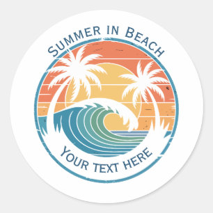 Summer Beach Vacation with Sun and Blue Ocean Wave Classic Round Sticker