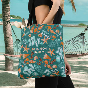 Summer Beach Vibes Family Trip Retro Teal Custom Tote Bag