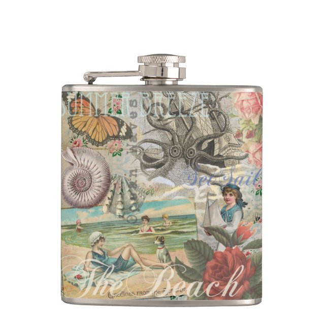 summer beach vintage octopus antique sailing hip flask (Front)