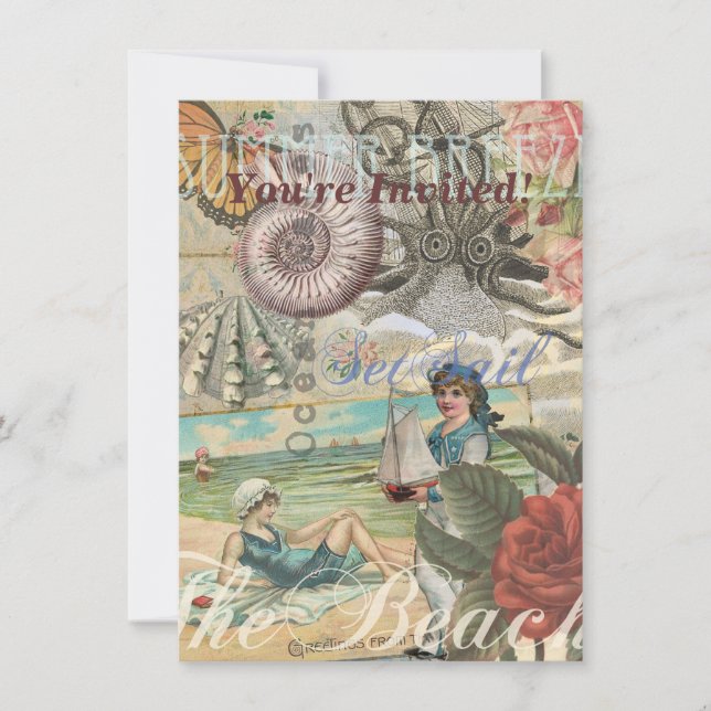 summer beach vintage octopus antique sailing invitation (Front)