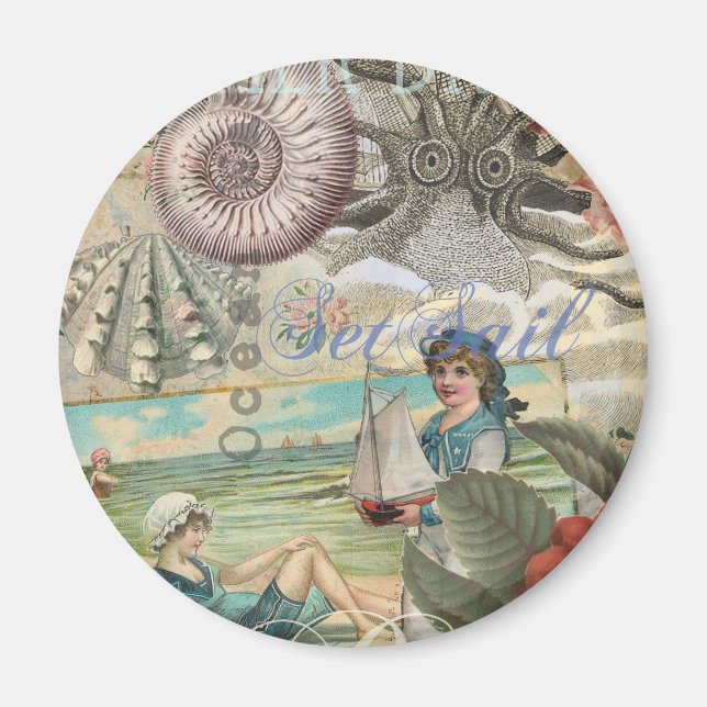 summer beach vintage octopus antique sailing magnet (Front)
