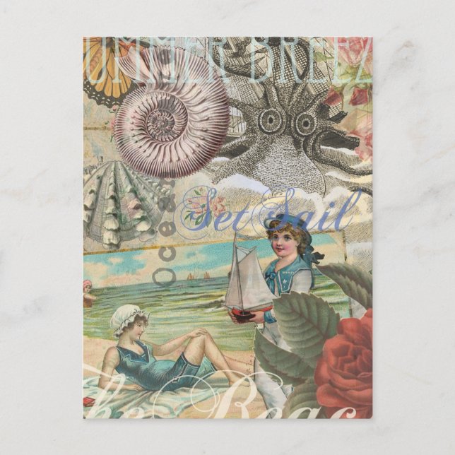 summer beach vintage octopus antique sailing postcard (Front)