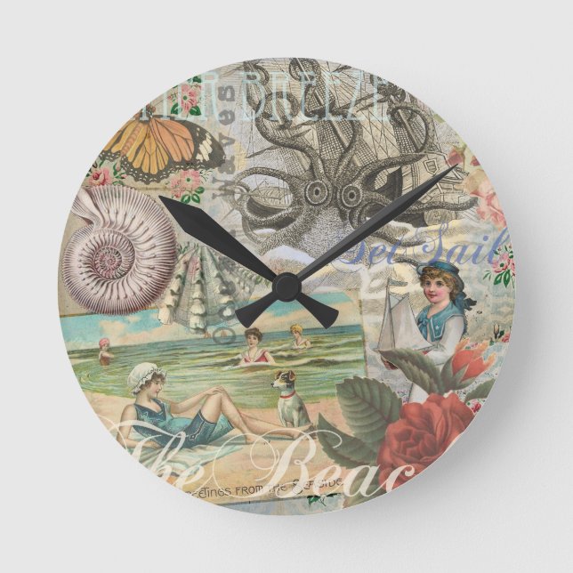 summer beach vintage octopus antique sailing round clock (Front)